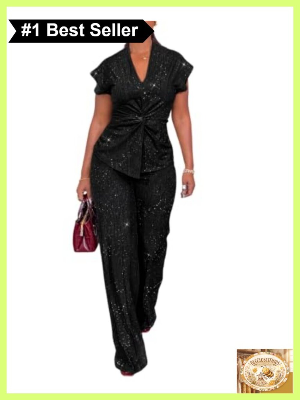 Women's 2 Piece Glitter Twist Top Wide Leg Pants Set Party Outfit